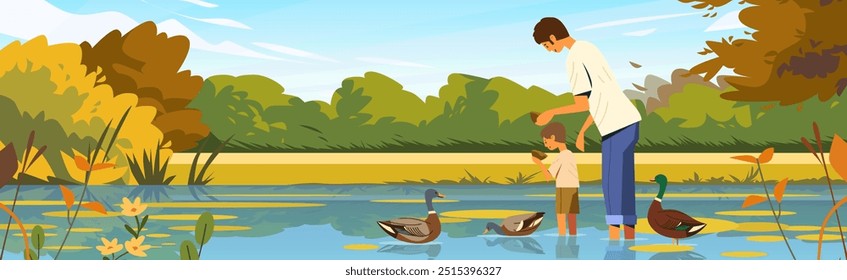 Father and child feeding ducks pond nature scene. A man and a boy are standing in a pond feeding ducks surrounded by lush greenery and autumn foliage