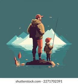 Padre e niño pescando juntos en un hermoso paisaje montañoso. Concepto de diseño de carteles o plantillas de tarjetas del día del padre feliz. Ilustración vectorial plana