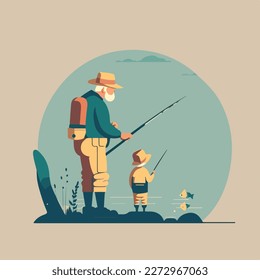 Father and child fishing together in a beautiful mountain landscape. Concept for Happy father's day poster or card template design. Flat vector illustration