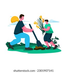 father and child gardening together Flat Illustration Minimalist Modern vector concepts for web page website development, mobile app