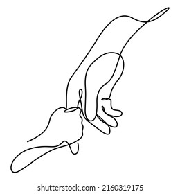 father and child hands continuous line illustration. One line drawing of adult and young palm hand holding with love vector.