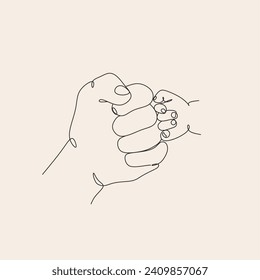 father and child hands continuous line illustration. One line drawing of adult and young palm hand holding with love vector.