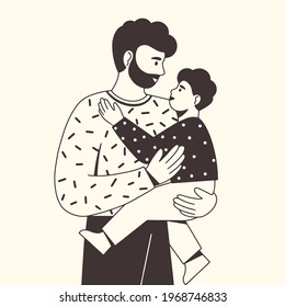 Father and child. Happy dad holding his cute baby in arms. Family spending time together. Father's day. Modern design for greeting card, poster, web or print. Flat vector illustration.