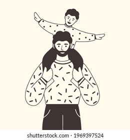 Father and child. Happy dad holding his cute baby on shoulders. Family spending time together. Father's day. Modern design for greeting card, poster, web or print. Flat vector illustration. 