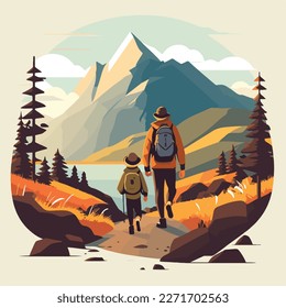 Father and child hiking together in a beautiful mountain landscape. Concept for Happy father's day poster or card template design. Flat vector illustration