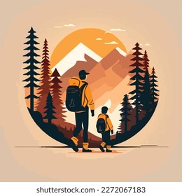 Father and child hiking together in a beautiful mountain landscape. Concept for Happy father's day poster or card template design. Flat vector illustration