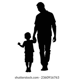 Father and child holding hands Silhouette on White Background.