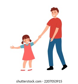 Father and child holding hands walking together in flat design on white background.