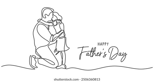 Father and child hugging in a one line drawing. Minimalist Father's Day vector art isolated on white background.