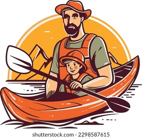 Father and child kayaking or canoeing together, T-shirt, Vector