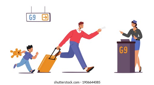 Father with Child Late for Plane Boarding. Worried Man and Boy Run with Bags to Gates Upset with Missed Flight. Parent and Kid Characters in Stressful Travel Situation. Cartoon Vector Illustration