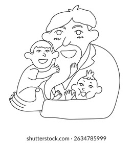 father and child in linear doodle style. illustration for postcard sticker poster print icon design mail