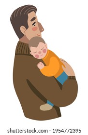 Father and child. Man holds little baby in his arms. Hand drawn vector illustration for Father's day. Colorful cartoon clipart isolated on white. Simple element for design print, decor, card, sticker.