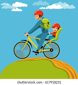 Father with  child  on the bicycle. Parent with baby cycling in the park. Outdoor activity. Vector illustration in modern flat design.