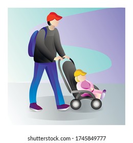 Father with a child on a walk. Family with baby walking in outdoor. Father with a baby in a stroller. Vector illustration