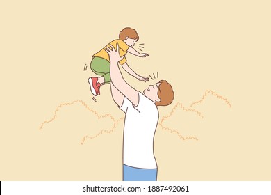 Father and child playing on nature concept. Happy young dad carrying son on raised hands during walking on nature in summer, family spending time together on vacation vector illustration 