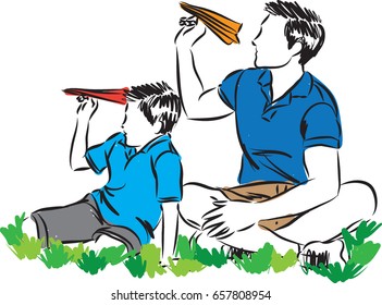 father and child playing with paper planes vector illustration