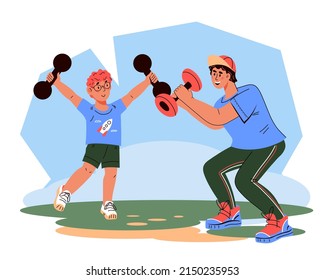 Father and child playing sports together, flat cartoon vector illustration isolated on white background. Family sport activity and exercising, healthy family concept.