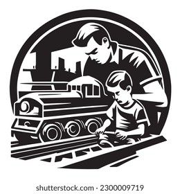 Father and child playing with a train set or model cars