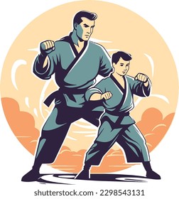 Padre e hijo practicando artes marciales juntos, vector, camiseta