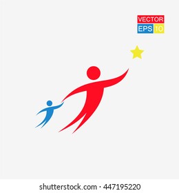 Father and child reaching for a star. Vector illustration.