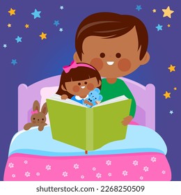 Father and child read a book together in bed. Vector illustration