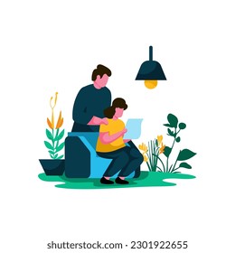 father and child reading together in a cozy living room Flat Illustration Minimalist Modern vector concepts for web page website development, mobile app