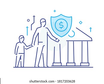 father and child receive bank assistance. Business development, milestones, start-up. linear illustration Icons infographics. Landing page site print poster. Eps vector. Line story
