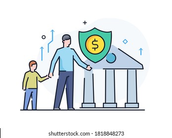 father and child receive bank assistance. Business development, milestones, start-up. linear illustration Icons infographics. Landing page site print poster. Eps vector. Line story