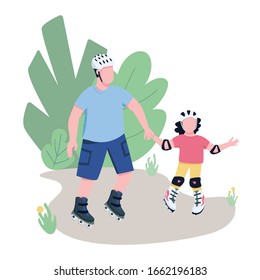 Father and child roller skating flat color vector faceless characters. Dad and daughter rollerblading in park, happy family moments isolated cartoon illustration for web graphic design and animation