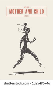 Father and child running silhouette, hand drawn vector illustration, sketch