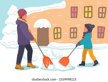 Father with child shoveling snow. Man with boy in warm clothes cleaning snow outdoors in winter city.