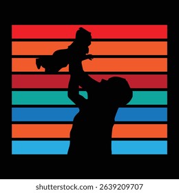 Father and Child Silhouette Against Retro Sunset Stripes