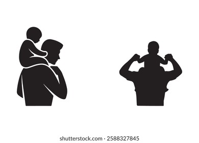 Father and Child Silhouette with Baby on Shoulders. on a white background in black vector silhouette.
