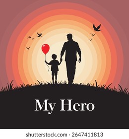 Father and Child Silhouette at Sunset with Balloon – My Hero "Father's Day Vector"