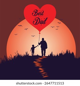 Father and Child Silhouette at Sunset with Balloon – My Hero "Father's Day Vector"