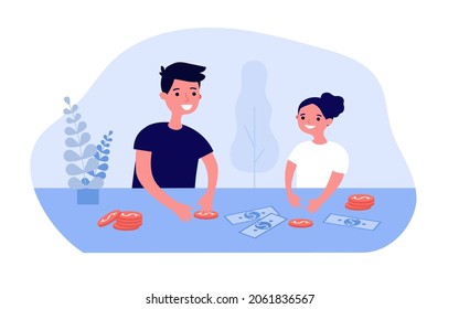 Father And Child Sitting At Table With Money Savings. Parent Teaching Child Financial Literacy Flat Vector Illustration. Family Budget, Education Concept For Banner, Website Design Or Landing Web Page