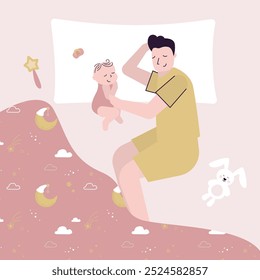 Padre e hijo duermen en almohada debajo de la manta. Familia, paternidad, cuidado infantil y sueño saludable. Papá y el bebé durmiendo juntos en la cama. La ternura paternal y el amor. Vista superior. Ilustración vectorial