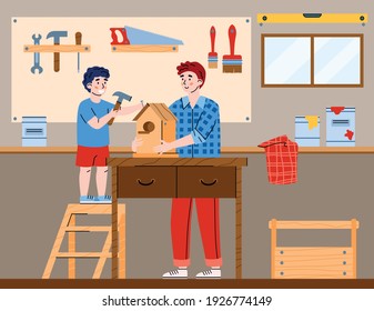 Father with child spend time together in carpentry workshop making birdhouse. Dad teaching son work with nails and hammer. Vector flat illustration for happy fathers day design.