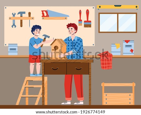 Father with child spend time together in carpentry workshop making birdhouse. Dad teaching son work with nails and hammer. Vector flat illustration for happy fathers day design.