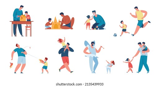 Father and child spending time together, fathers day, fatherhood. Happy kids with dads playing or having fun, dad and son activity vector set. Parent playing football wit boy, making sand castle