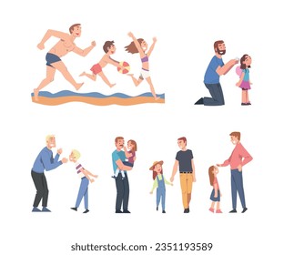 Father and Child Spending Time Together Playing Vector Set