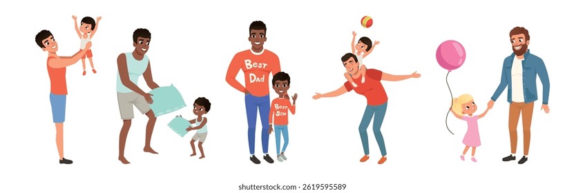 Father and Child Spending Time Together Enjoy Recreation Vector Set