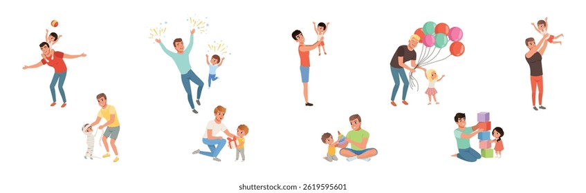 Father and Child Spending Time Together Enjoy Recreation Vector Set