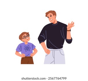 Father and child talk together. Young dad explains smth to his clever son. Parent tells to little boy, teaches him. Happy family communicates. Flat isolated vector illustration on white background