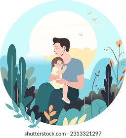 Father and child together in park landscape. Vector illustration for Fathers day card with man hugging his small kid daughter. Beautiful modern vector design with leaves and flowers