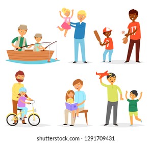 Father and child vector dad and kids daughter son playing fishing together illustration Fathers day set happy daddy with children isolated on white background