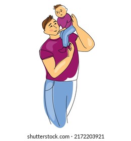 Father and child vector illustration isolated on white background. Greeting card with happy dad holding his cute child on shoulders. family spending time together.Father and son cartoon drawing
