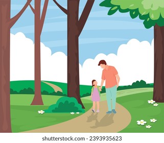 father and child walking in the forest