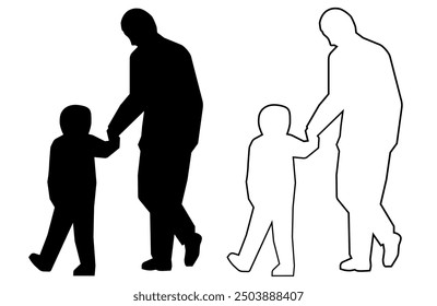 Father and child walking and holding hands. Fatherhood concept. Silhouette and outline illustration on white background.